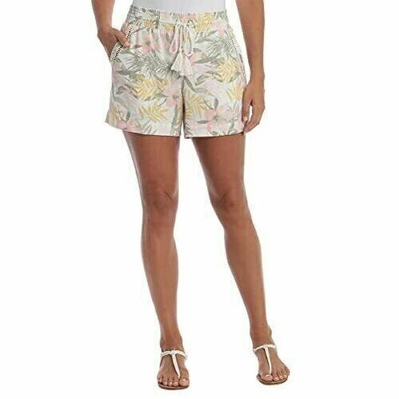 Briggs Women’s Floral Linen Blend Pull On Summer Shorts Size S White‎ Yellow - Picture 1 of 5